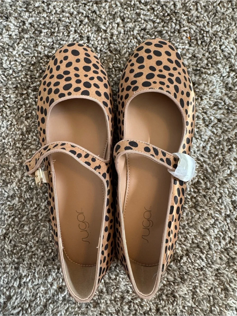 Sugar Girls Tan and Black Spotted Mary Jane Flats